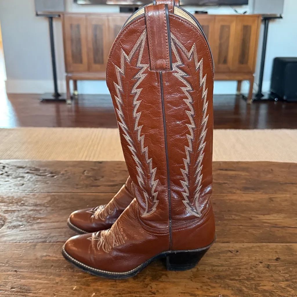 Womens Abilene Brown Leather Handmade Tall Vintage Western Boots Size 5.5 - Image 2