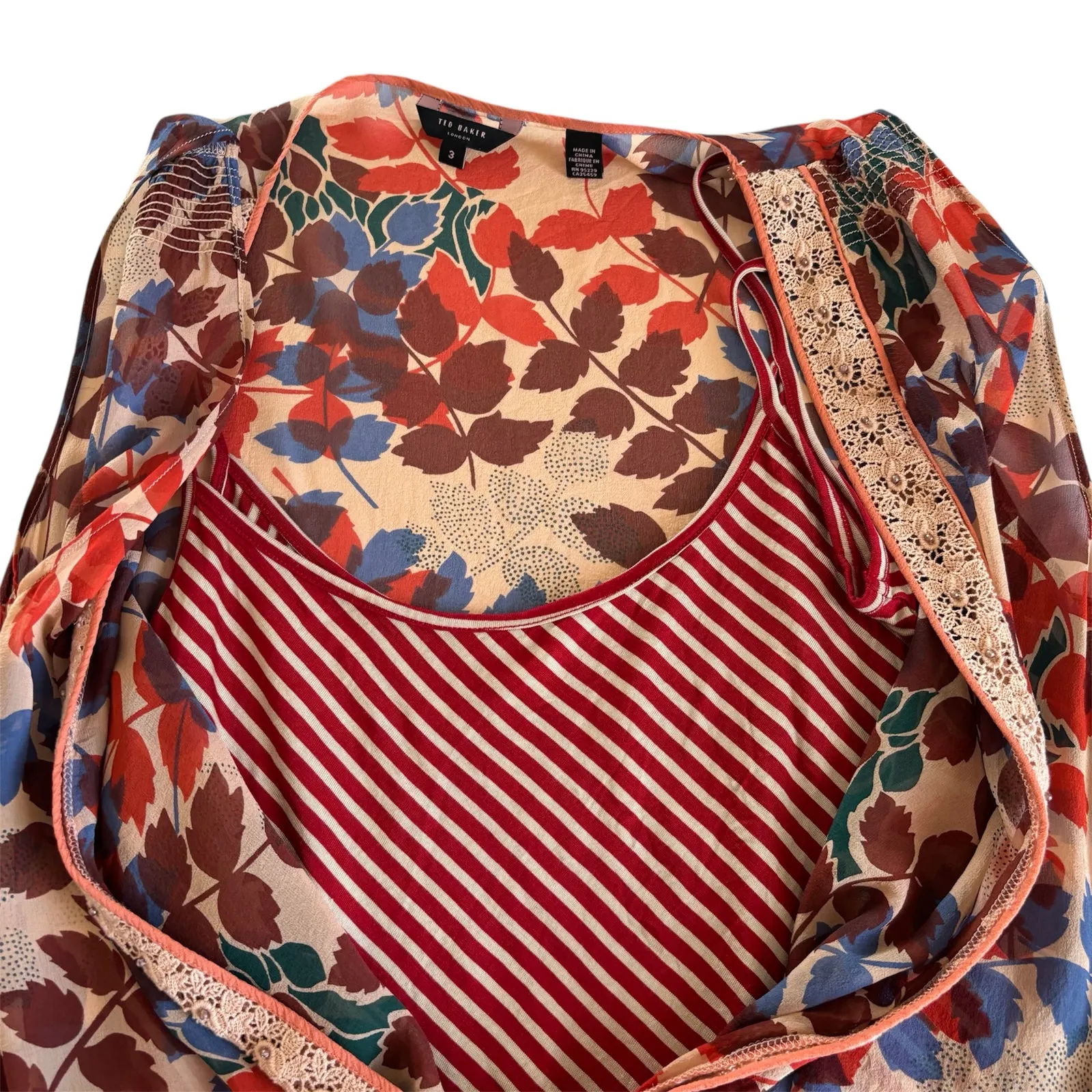 Ted Baker Layered 100% Silk Sleeveless
Floral and Striped Blouse Women’s Medium - Image 6