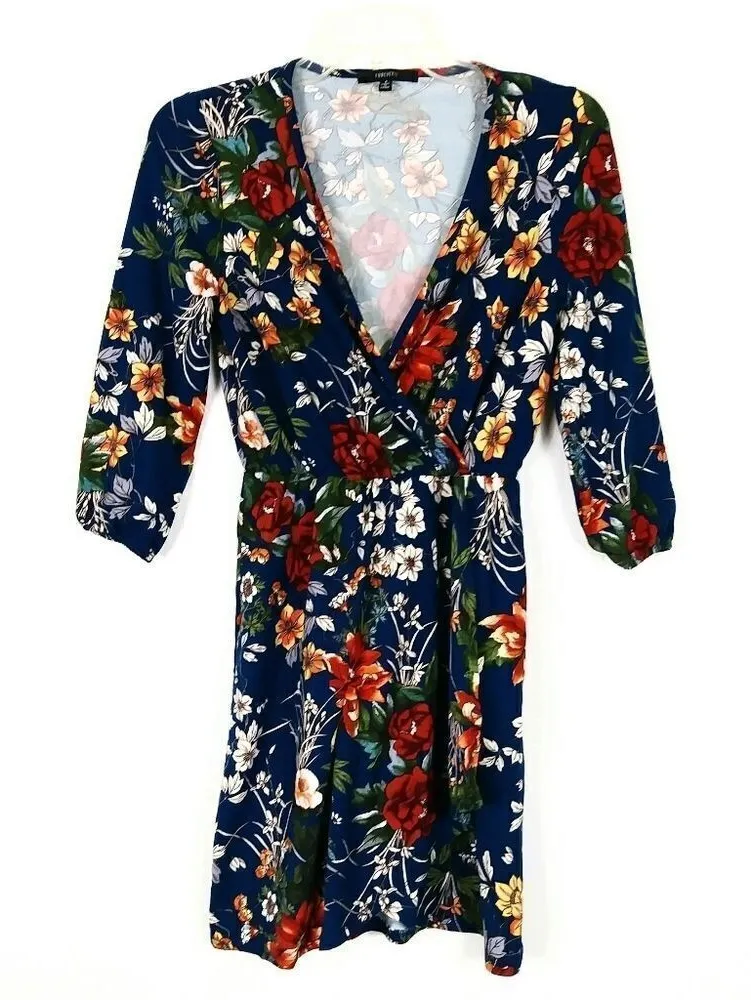 Forever 21 Navy Floral Faux Wrap Half Sleeve Dress Red - $20 - From Sarah