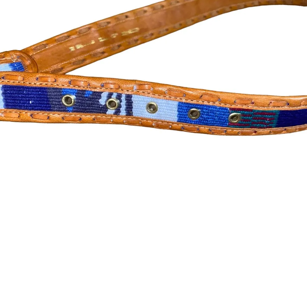 Stitched woven Genuine Leather retro boho indie Print Belt medium brown/blue - Image 74