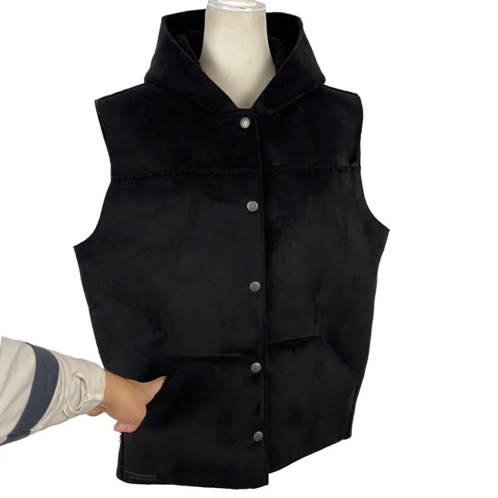 Lauren Ralph Lauren Faux Suede Vest Women's XL Fleece Sherpa Lined Hooded Black - Image 4