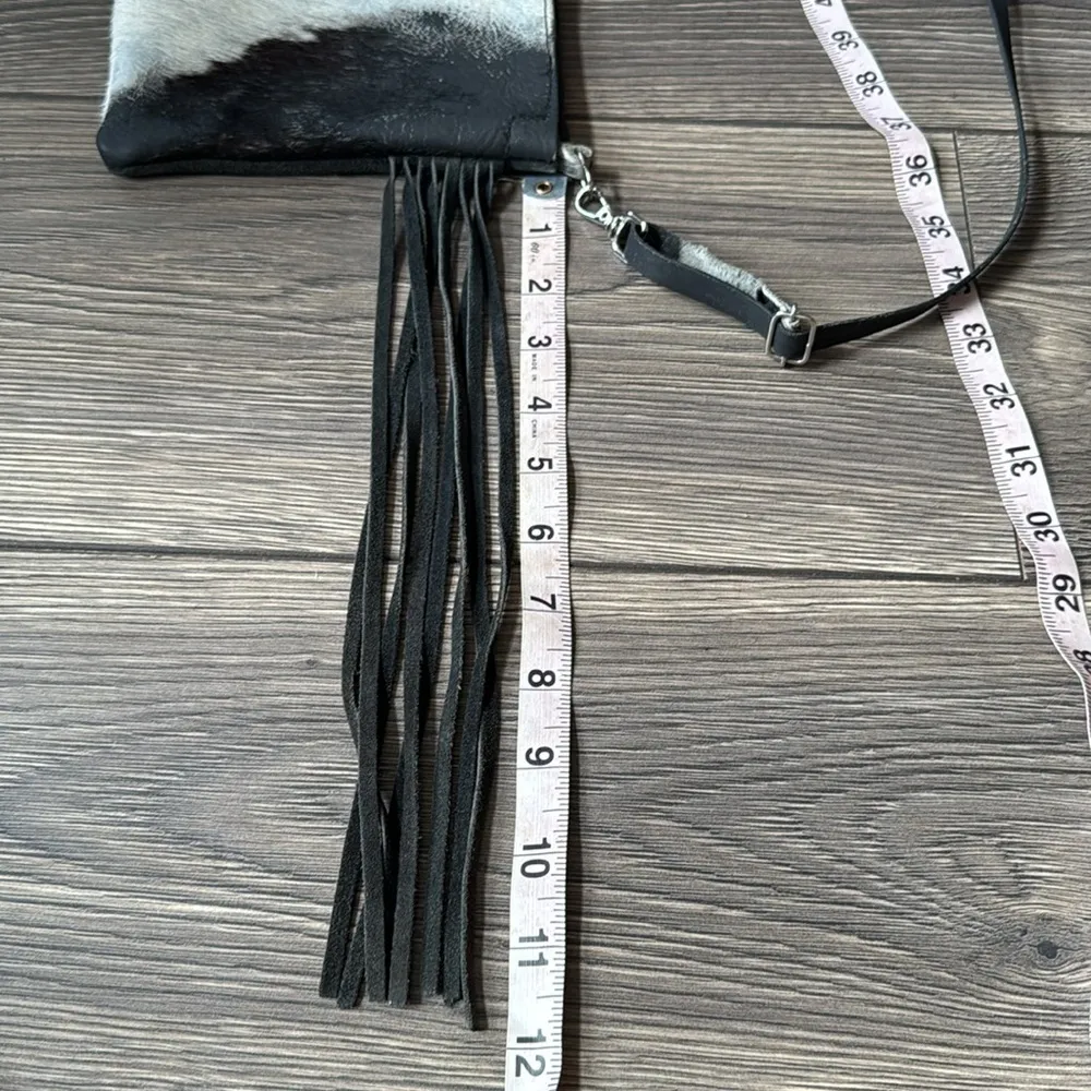 Genuine fur cowhide and leather fringe crossbody bag black and white - Image 6