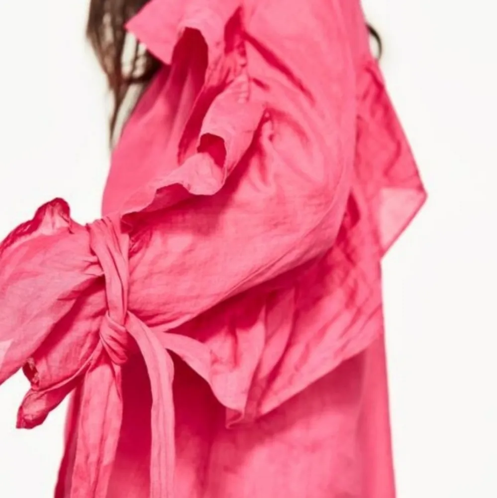 Zara fuchsia oversized semi-sheer ruffled blouse size XS - Image 2