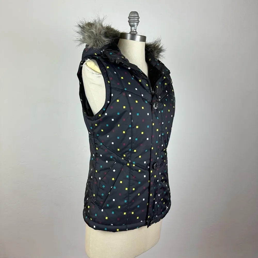 Burton Black Button Hooded Faux Fur Vest Multicolor Pattern Size 19 - Image 6