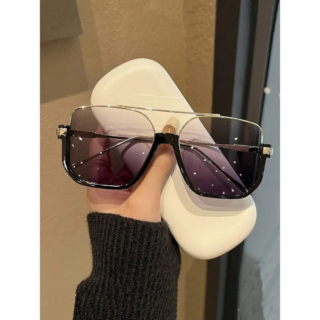 Unisex Gold Black Frame Gradient Oversized Aviator Sunglasses for Square Double - Image 5