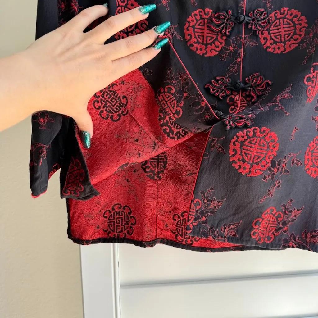 Vintage Chinese Black & Red Brocade Frog Closure Mandarin Collar Jacket Size M - Image 13