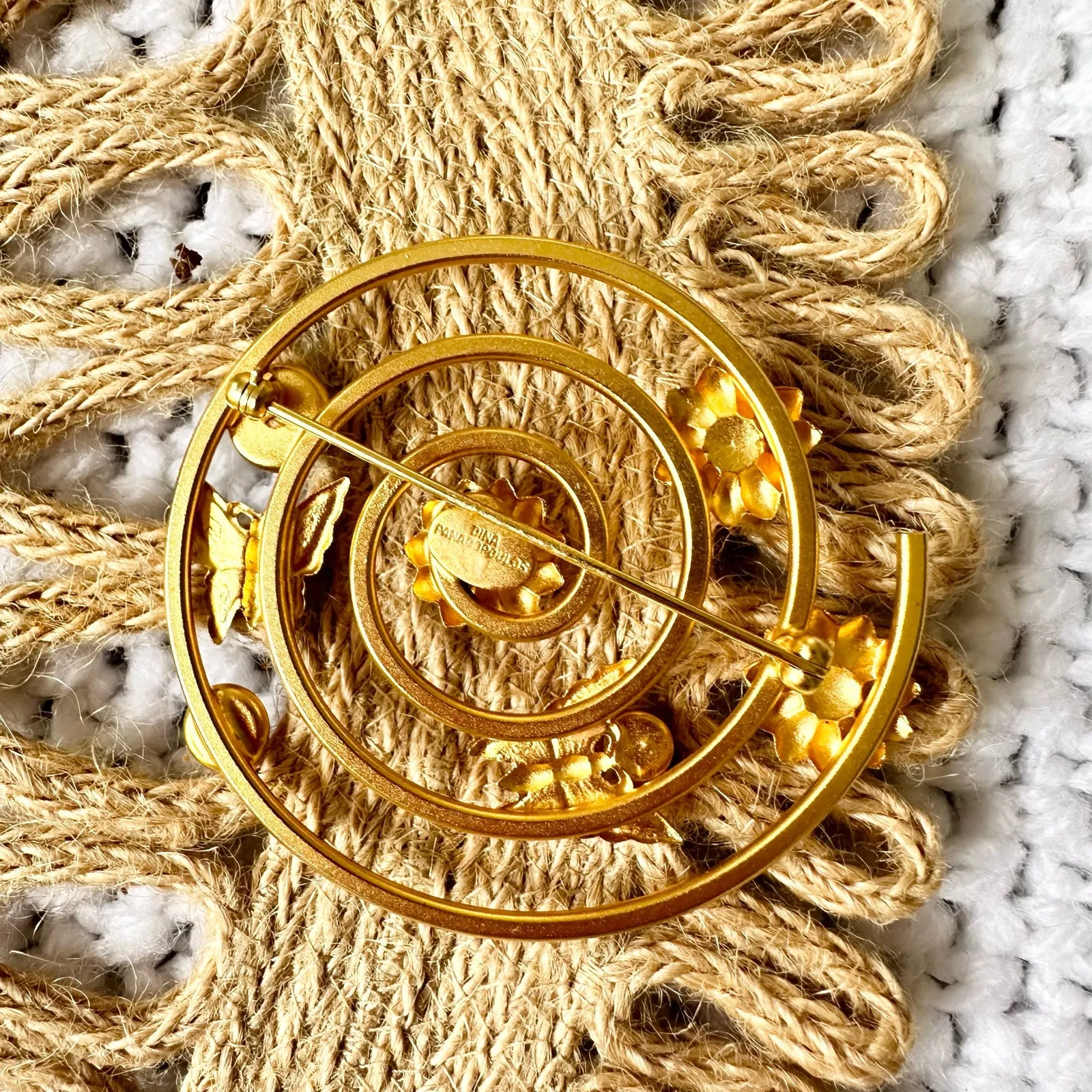 Dina Panagopolous Gold Tone Art Deco Swirl Spiral Sunflower Butterfly Brooch Pin - Image 3