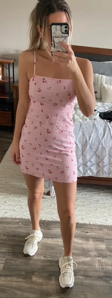 Pink Checkered And Floral Print Dress - Image 2