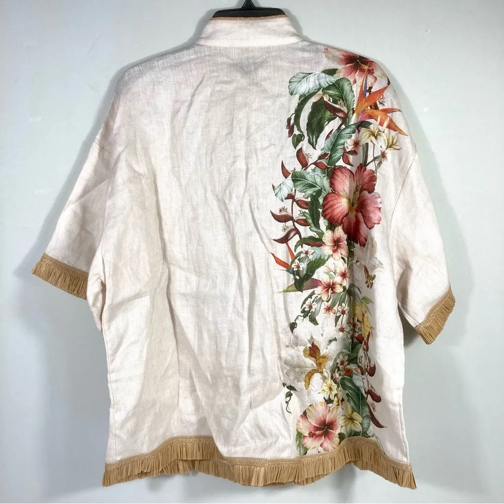 Zimmermann Lexi Tropical Floral Raffia Trim Button Up Shirt Ivory Palm 10 NWT - Image 5