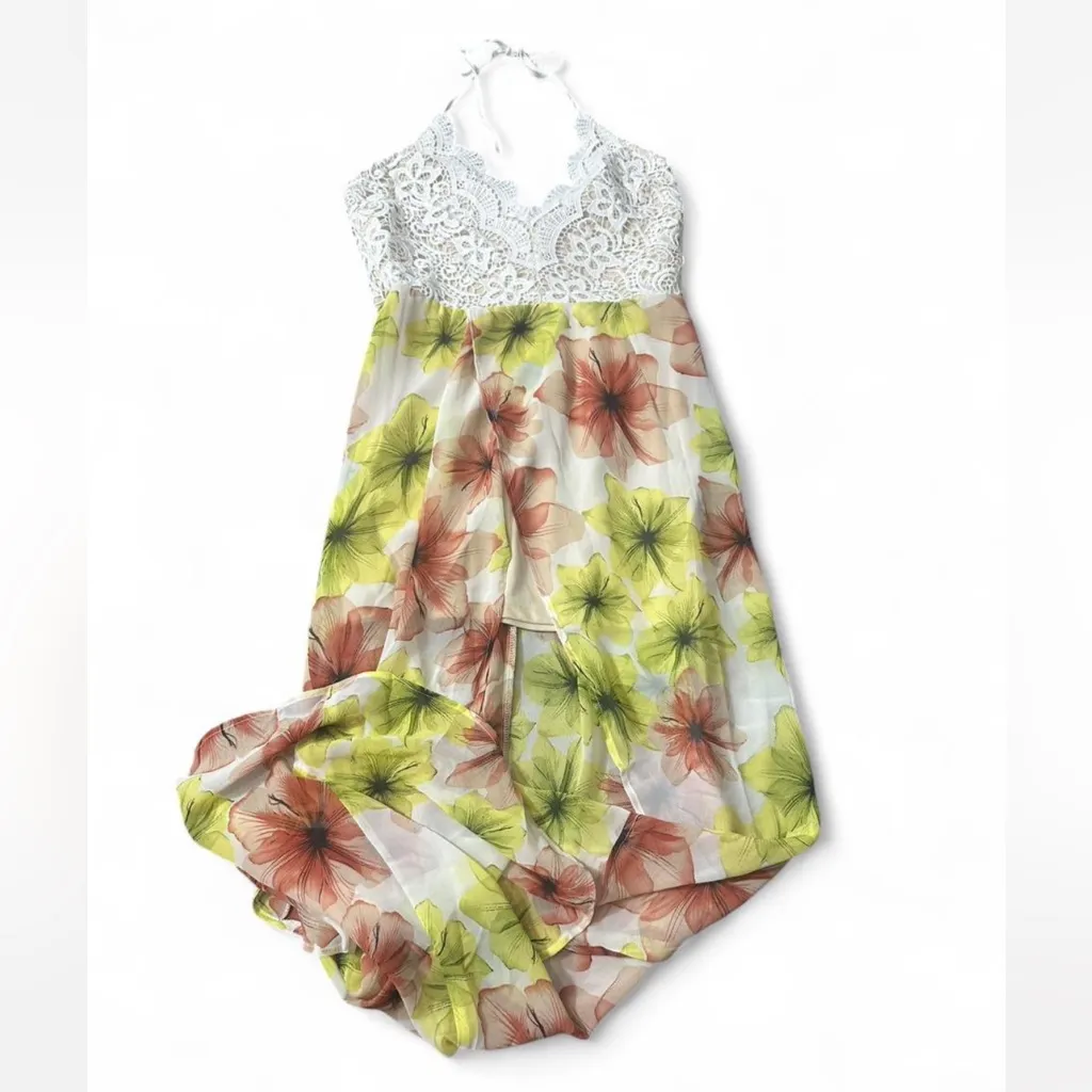 ‎Floral Lace Halter Flyaway Dress Yellow Size L - Image 5