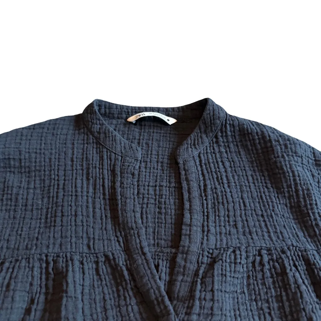 Zara Black Gauze Long Sleeve Shirt Top Blouse Casual Cotton Size Small Women's - Image 2