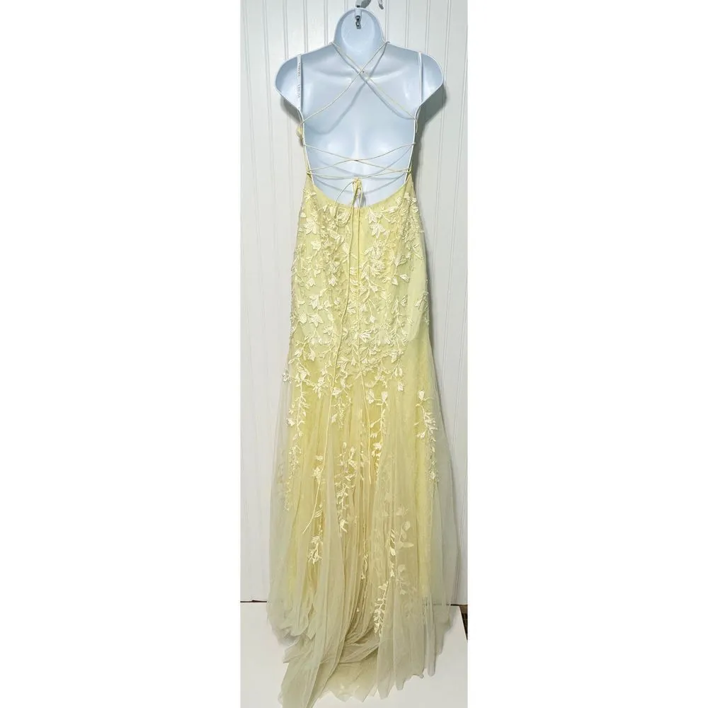Amarra Yellow Floral Lace‎ Applique Spaghetti Strap Formal Gown Dress Size 2 - Image 8