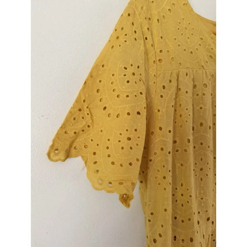 Piper & Scoot Dress Yellow Eyelet Lace Tiered Boho Cottagecore Sz Small - Image 4