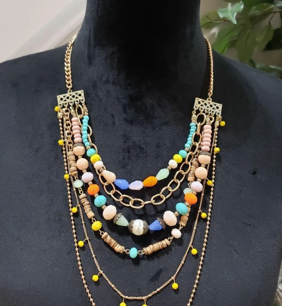Plunder Multi Resin Layered Bead Gold Tone Boho Statement Necklace and Bracelet - Image 2