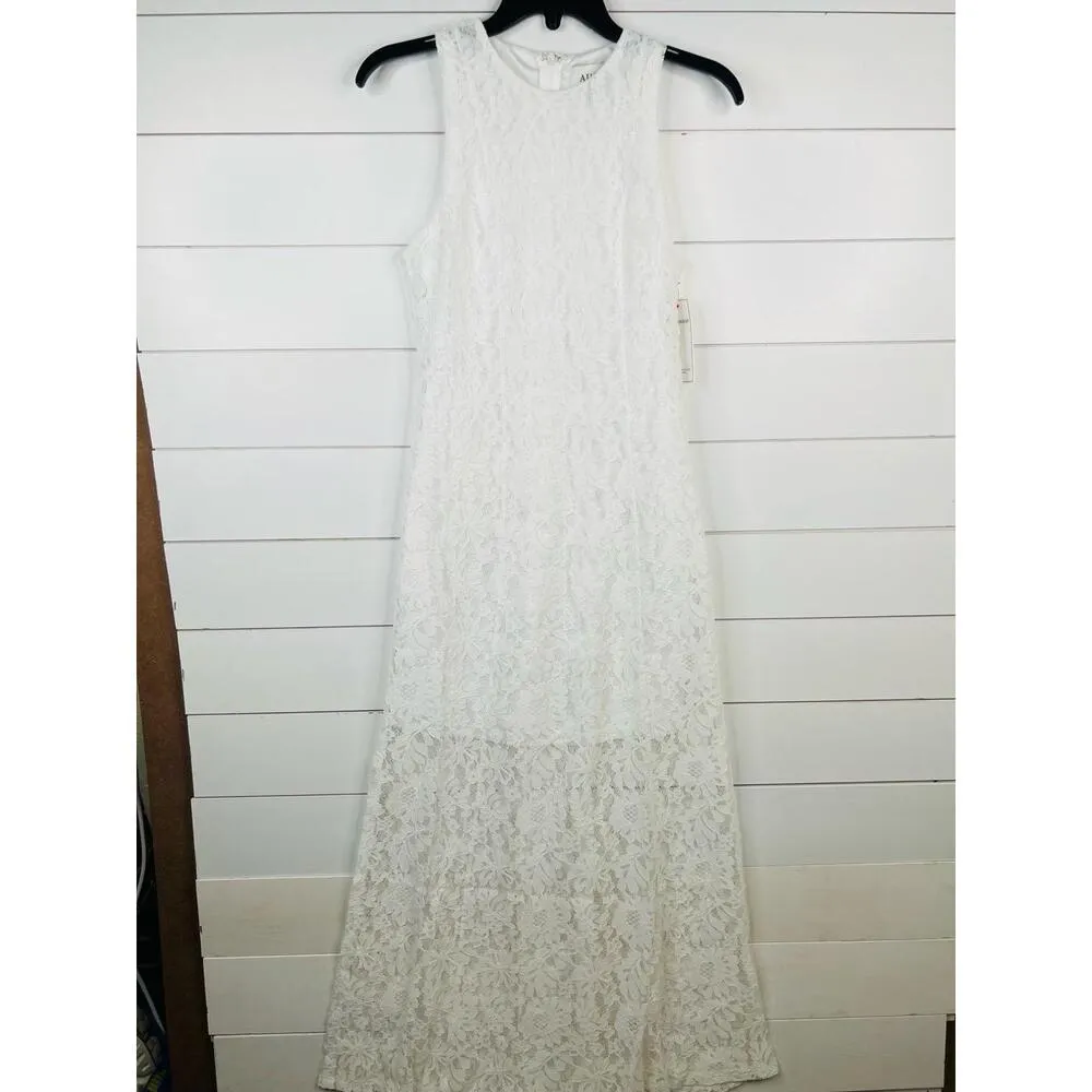 Aura Sleeveless White Lace Crew Neck Maxi Dress Boutique XS Illusion Hem - Image 2