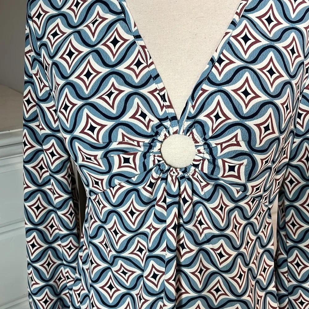 As U Wish Long Sleeve O Ring Dress Silky Blue Navy Mauve Print Womens Small New - Image 2