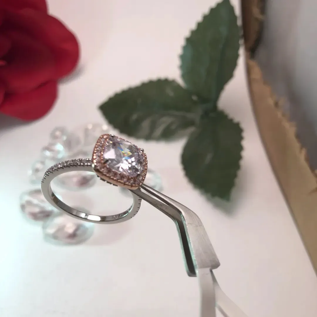 SIZE 7 925  Two Tone Rose Gold Plated Cushion Cut Clear & Pink Ring - Image 6