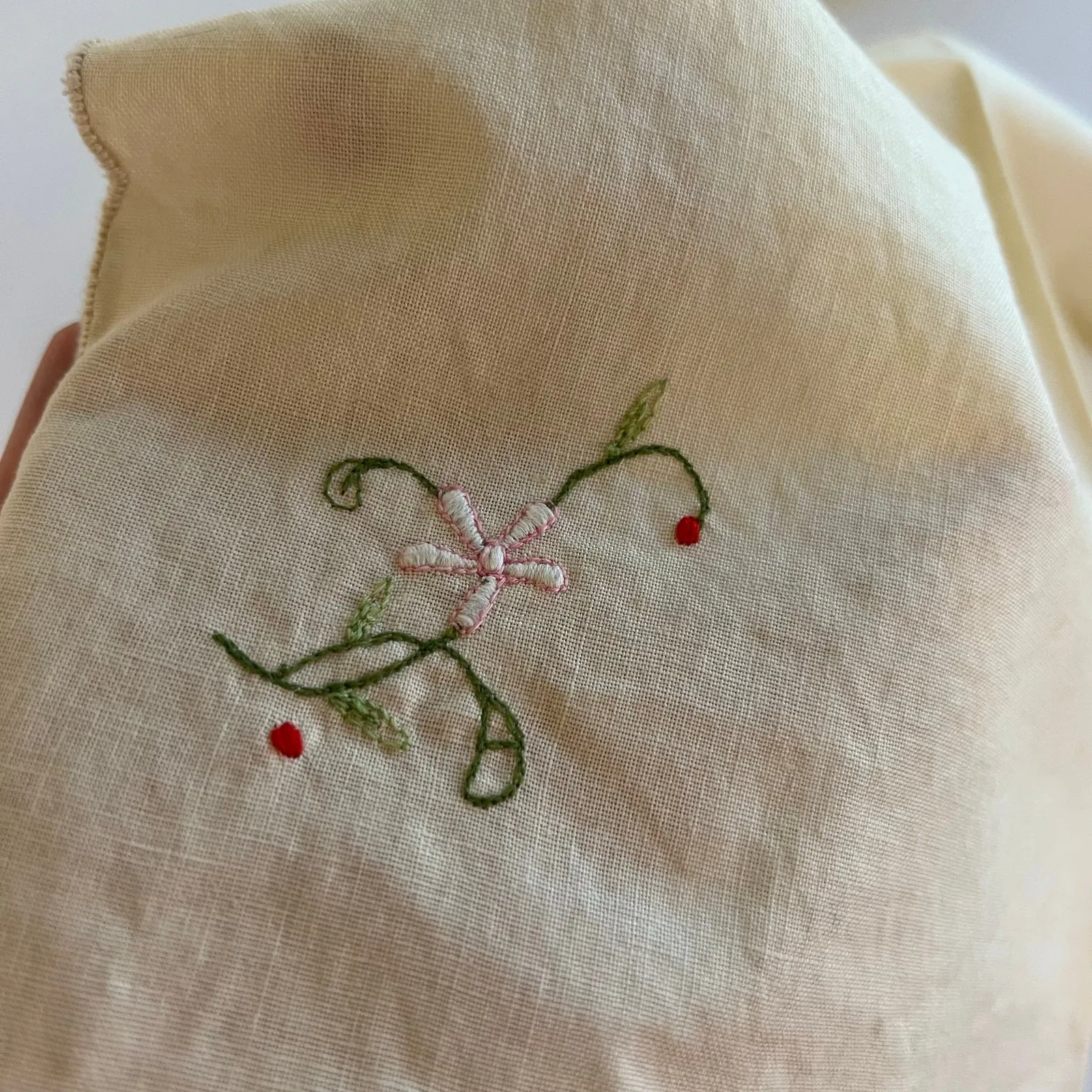 Vintage Handmade Beige Cotton Embroidered Floral Square Bandana Neck Tie Tan - Image 3