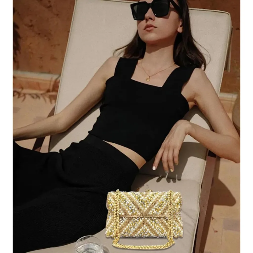 ⚡ Women's Rhinestones Chain Shoulder Sparkly Cocktail Gold Clutch Party Prom Bag - Image 6