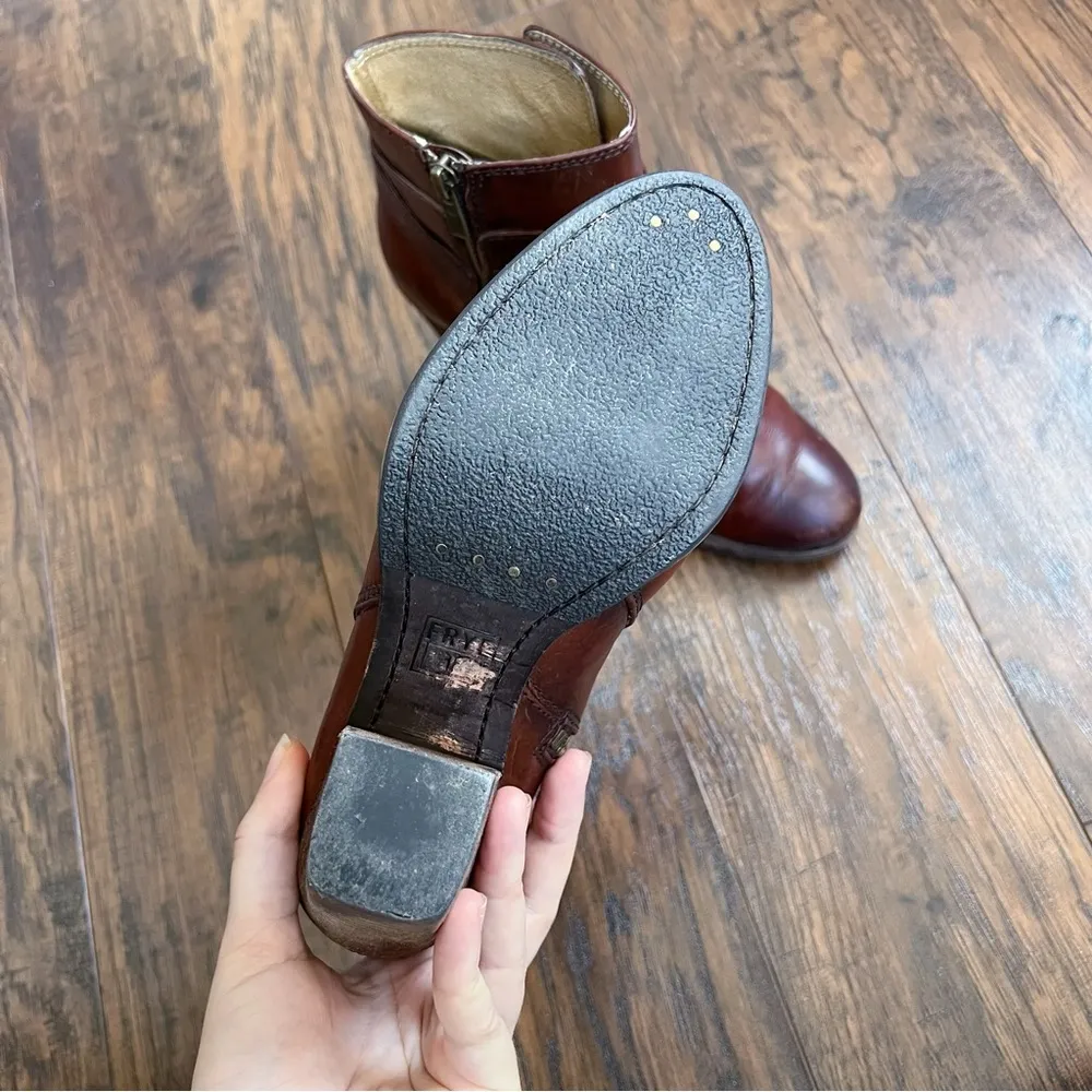 Frye • Patty Riding Bootie brown leather Redwood ankle boot heeled strap buckle - Image 14