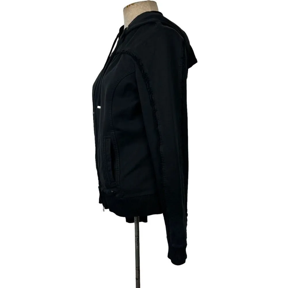 ESCADA SPORT womans size Medium Black hoodie full zip track jacket ruffle trim - Image 3