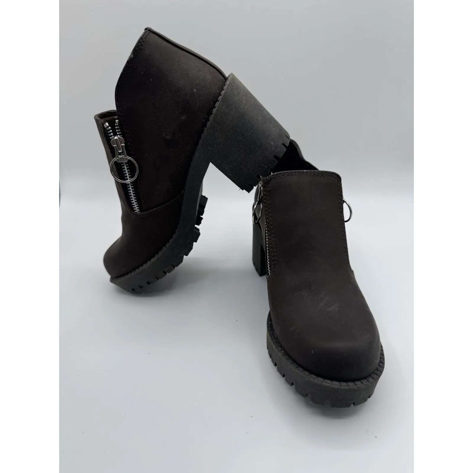 No Boundaries Y2K Brown Zip Front Chunky Heel Platform‎ Ankle Boots Size 8 - Image 6