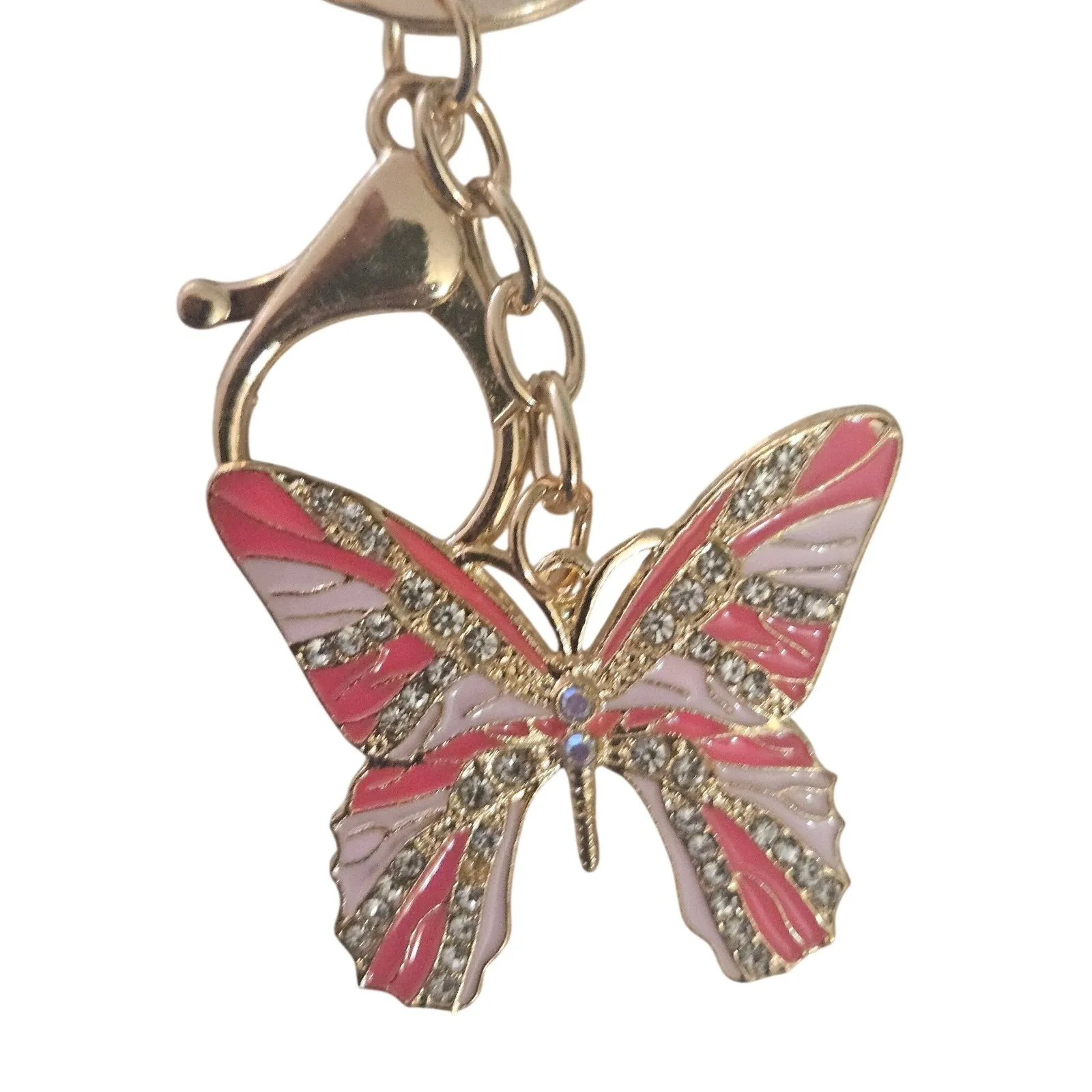 Butterfly Keychain Pink White Rhinestone Enamel Gold Tone Charm Bag - Image 2
