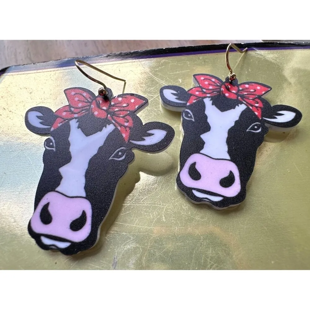 Christmas Cow Earrings Dangle Hooks Handmade New Heifer Calf Bovine Farm… Black - Image 4