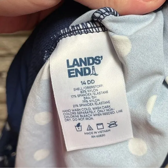 Land's End Chlorine Resistant Blouson Tankini Swimsuit Blue Polka Dot upf50 14DD - Image 5
