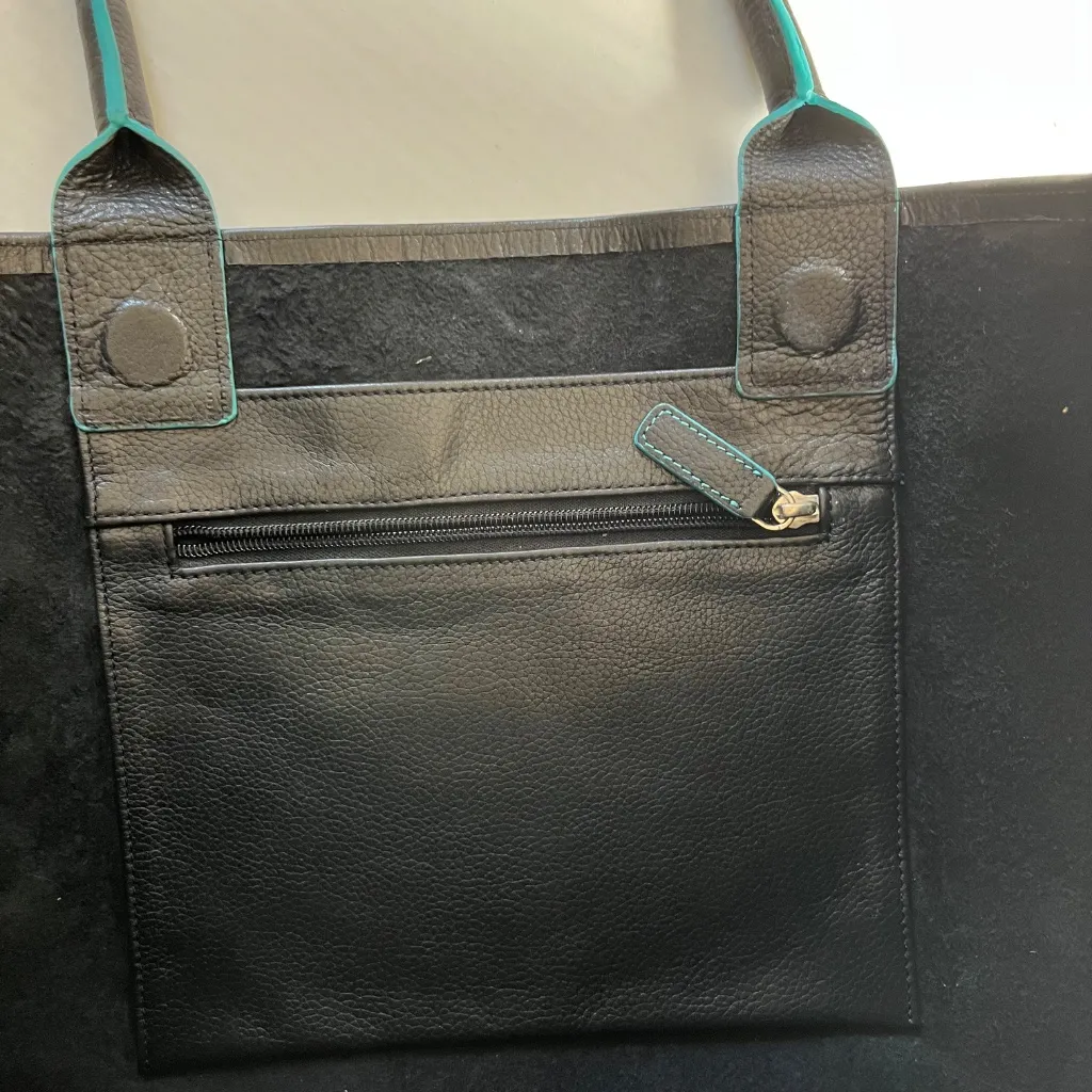 Black Deertan‎ Cowhide Leather Tote Bag Teal Trim Classic Minimalist Purse - Image 4