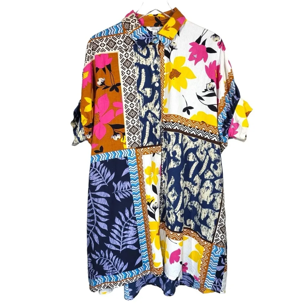 Dalin Floral Short Sleeve Oversized Relaxed Fit Shirt Dress in Multicolor Blue - Image 7