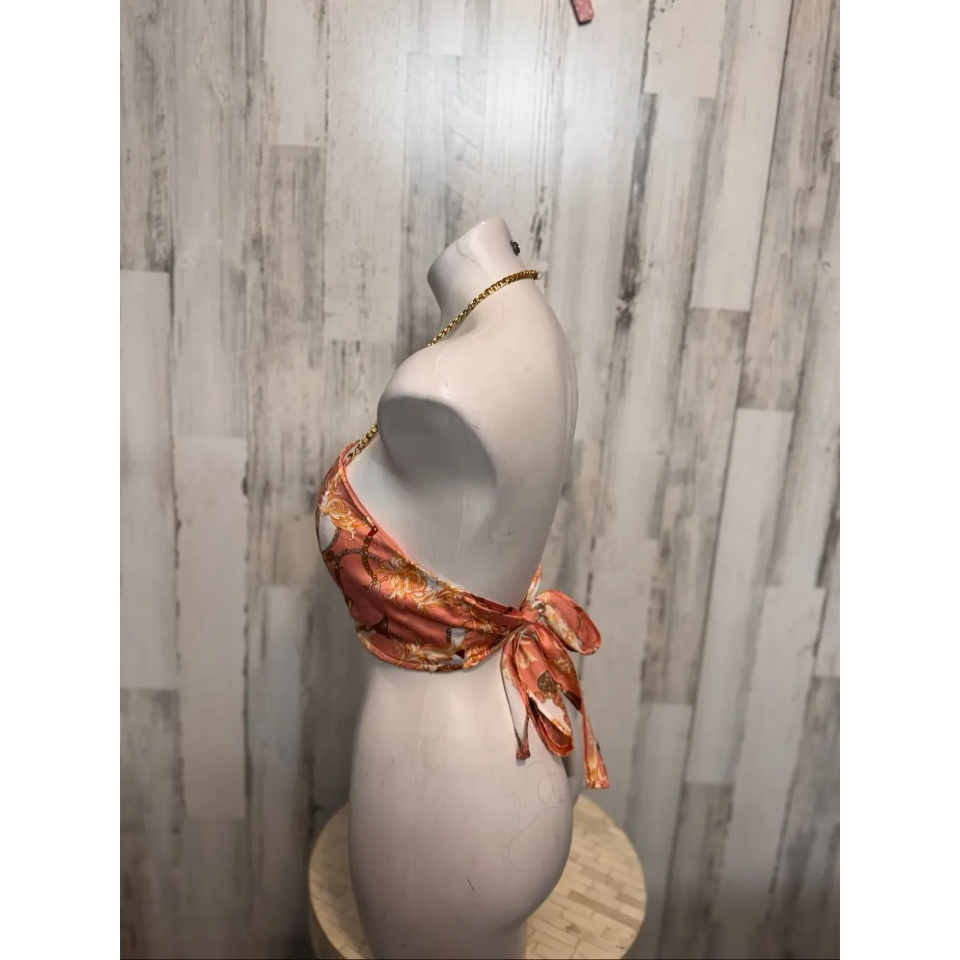 Penelope Boutique Satin Chain Halter Crop Top Pink Baroque Scarf Tie Back – Size Orange Size M - Image 4
