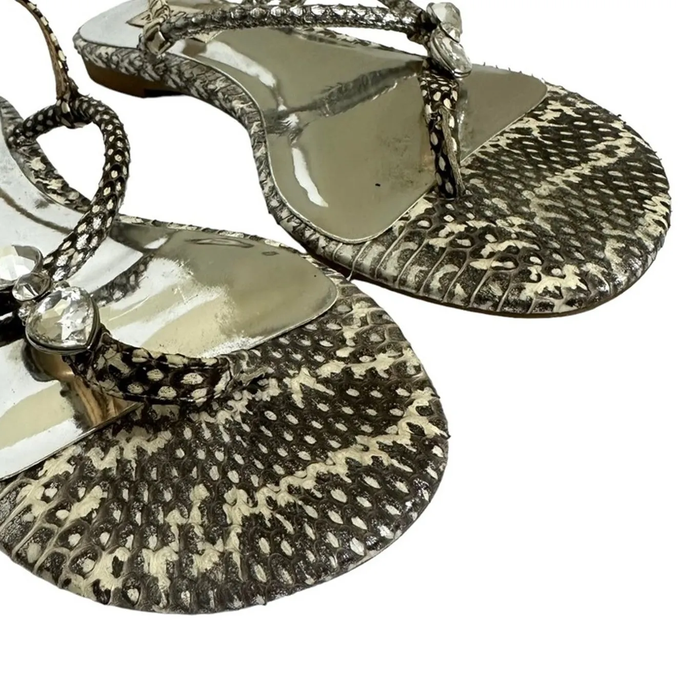 Badgley Mischka  Snakeskin Jeweled Flat Sandals - Image 6