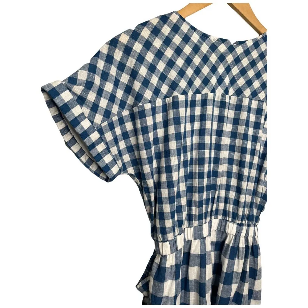 New Mainstrip Gingham V Neck Tie Wrap Front Romper Plaid Blue S - Image 10