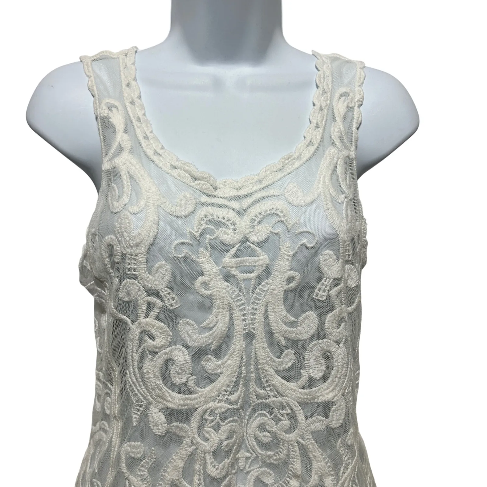 Express Women Tank Top XS Ivory Embroidered Mesh Lace Sheer Romantic Coquette - Image 3