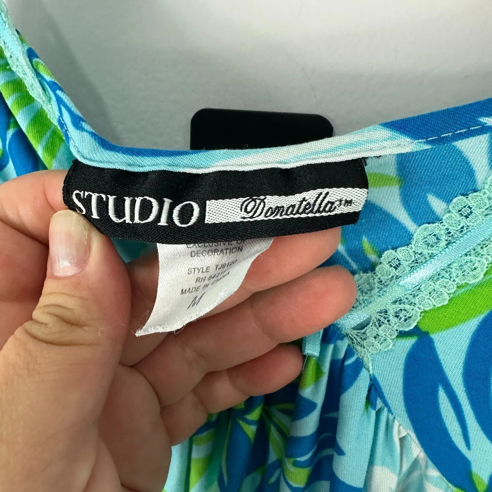 Studio Donatella Slip Dress Women M Blue‎ Green Leaf Print Lace Resort Y2K Sexy - Image 3