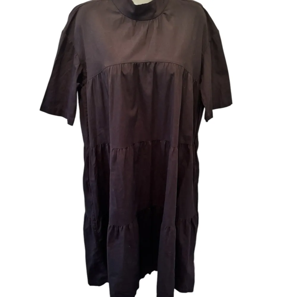 Cotton Popover Tiered Midi Dress Sz M Black High Neck Cottagecore Loose - Image 3