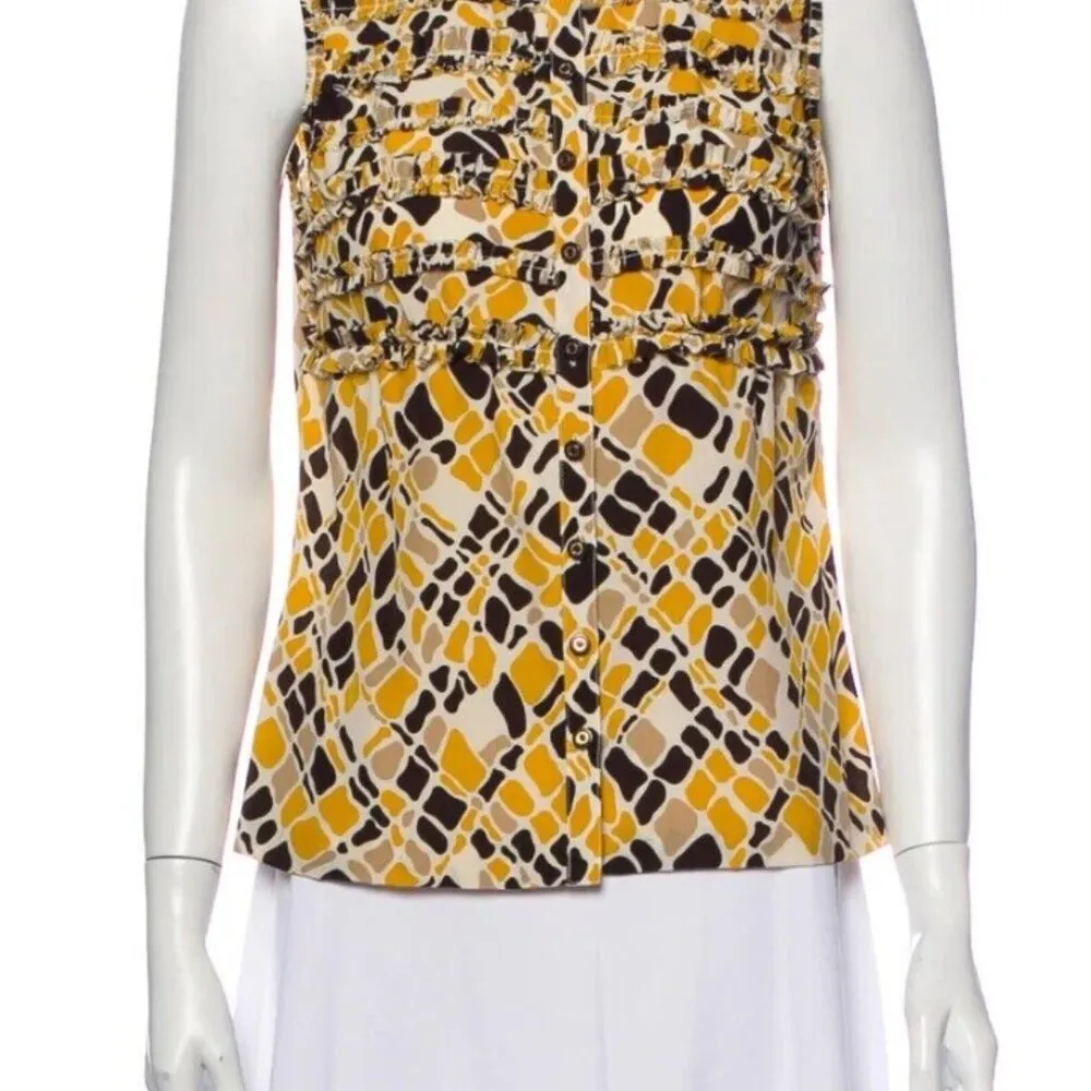 Tory Burch 100% Silk Yellow and Black Ruffled Sleeveless Blouse - Size 10 - Image 2