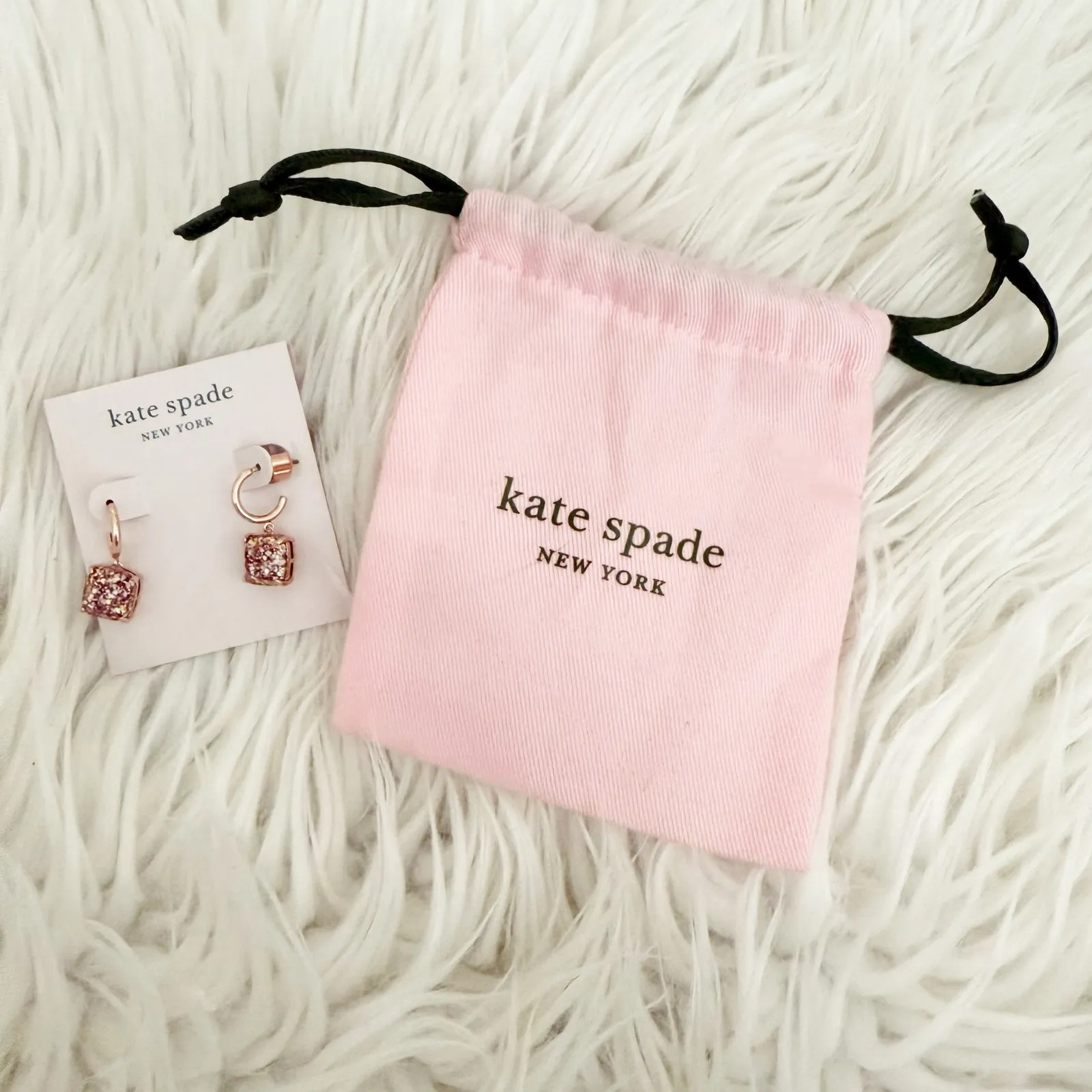 KATE SPADE | Square Glitter Stone Charm Huggie Hoop Earrings Rose Gold Pink - Image 2