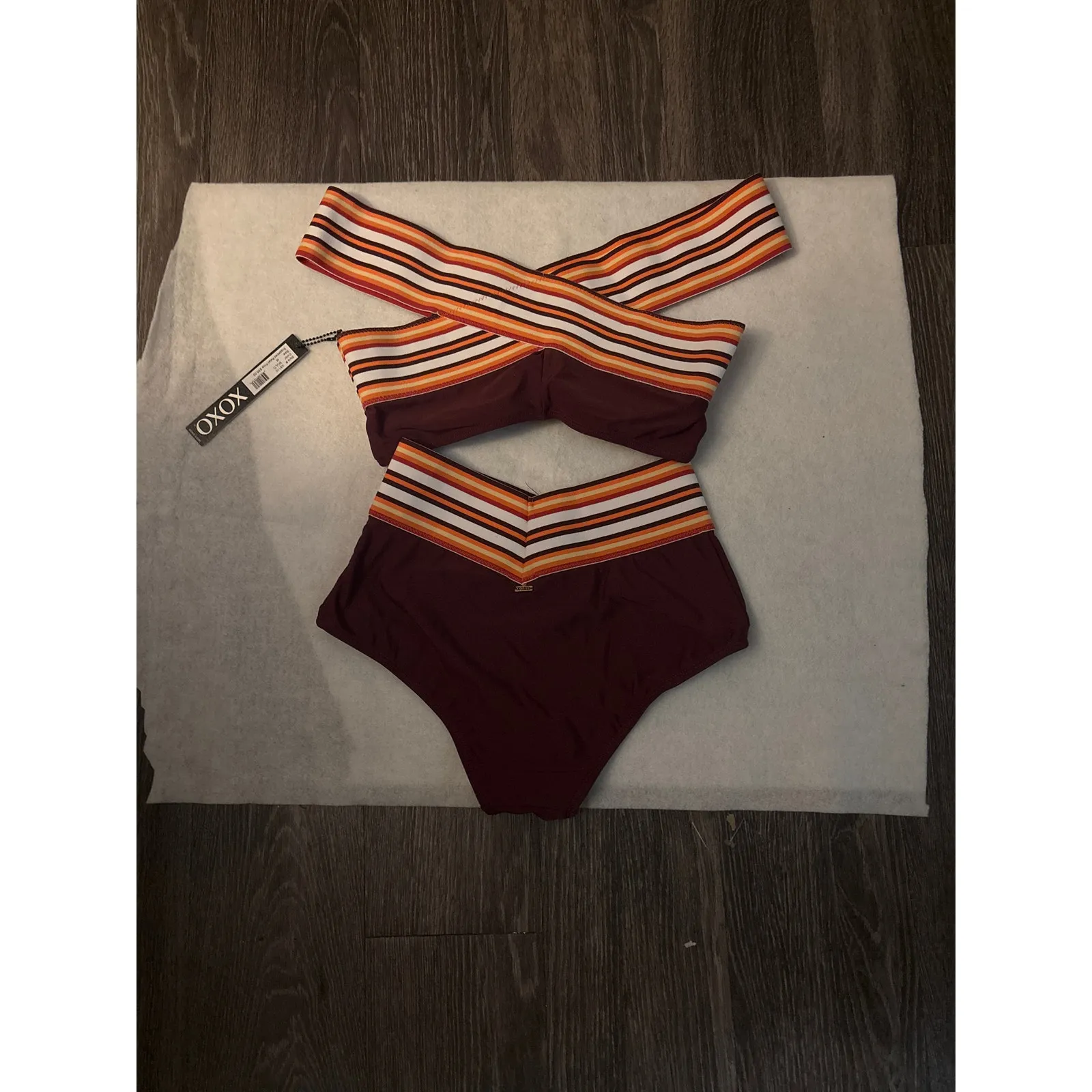 XOXO Two Piece High Waist Striped Bikini M Swim Cheerleader Party Casual Summer - Image 2