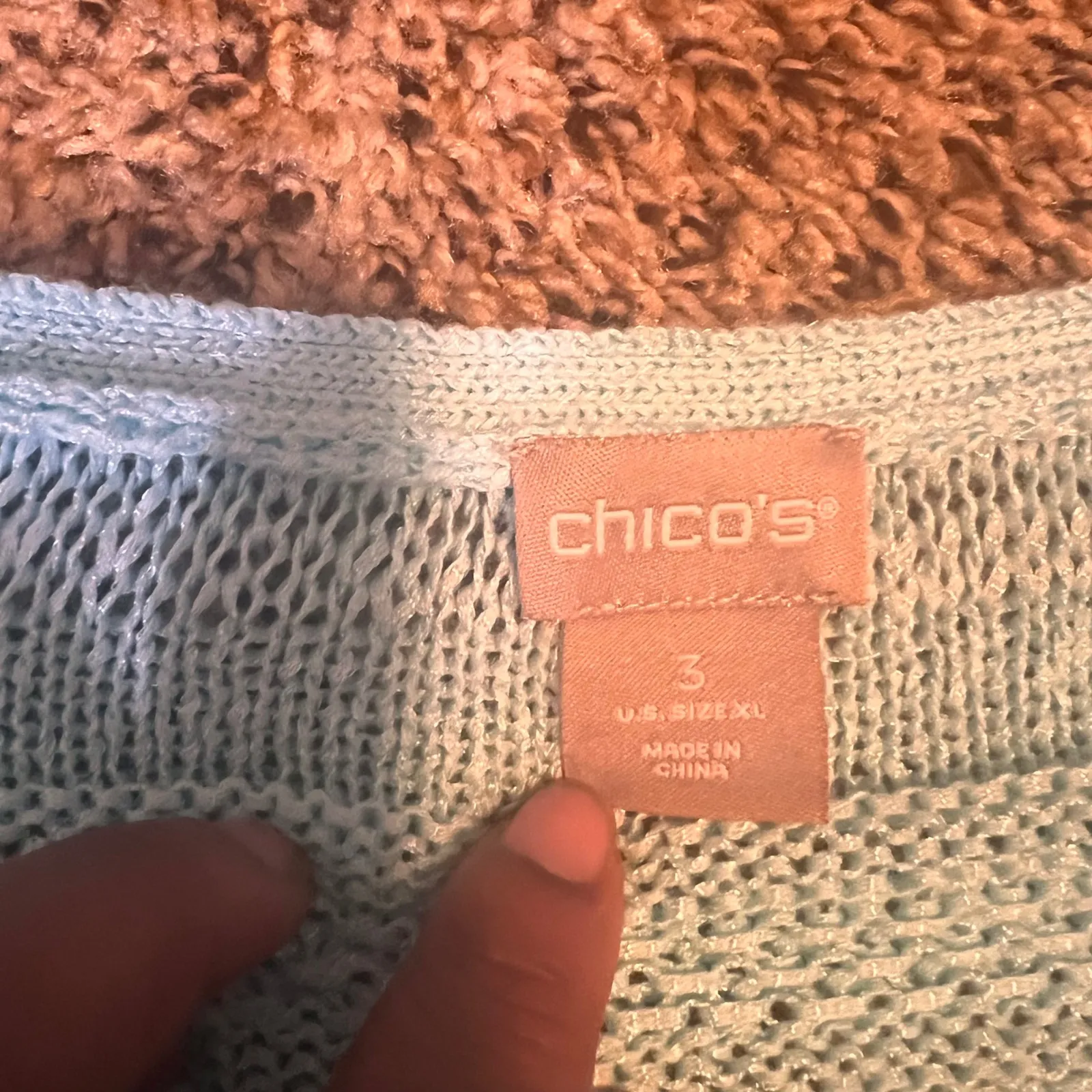 Chicos Light Blue Knit Sweater 3 L Bell Sleeve Fringe V Neck‎ Casual Top - Image 3