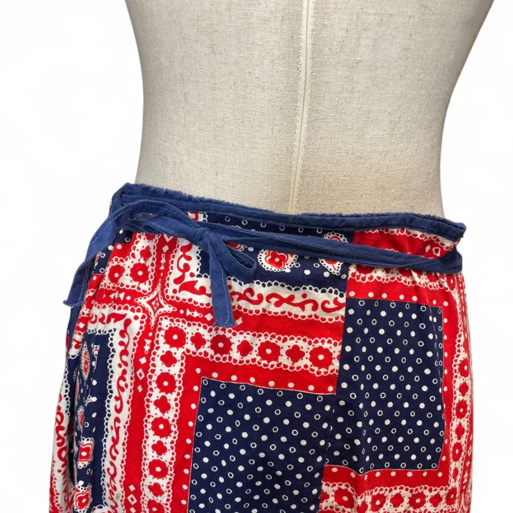 Vintage Americana Red Blue Bandana Floral Paisley Print Wrap Maxi Skirt OS Size undefined - Image 6
