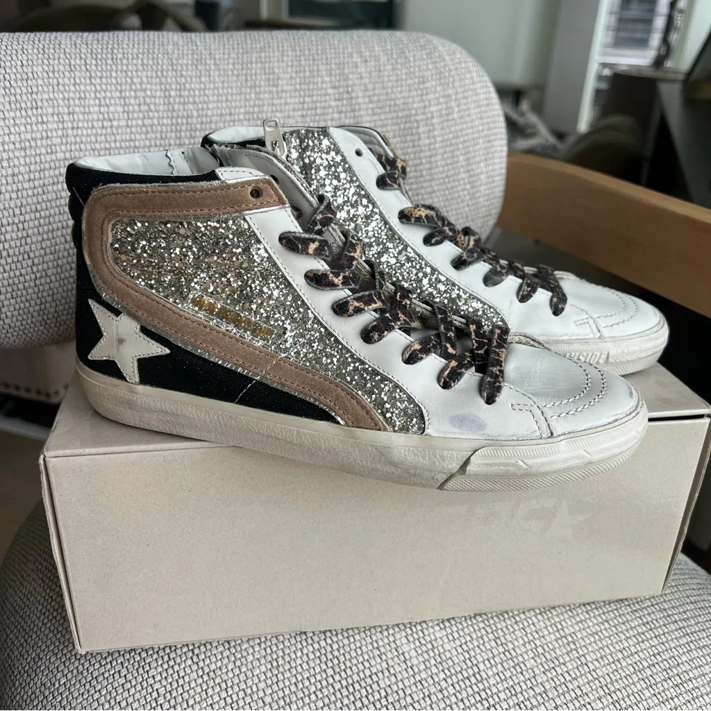 New Golden Goose Slide Mid Top Mids Slides Glitter Leather Sneakers - Image 2