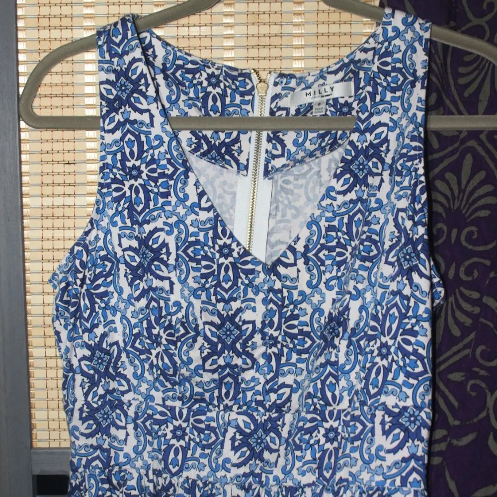MILLY for Design Nation Blue and White Mosaic Print Sleeveless Dress Size 8 - Image 4