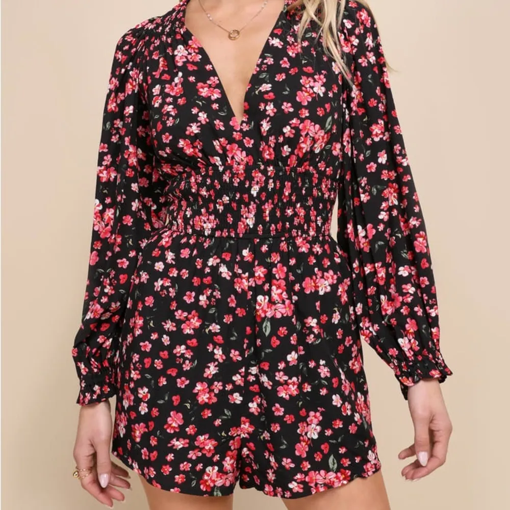Black Floral Backless Long Sleeve Romper - Image 12