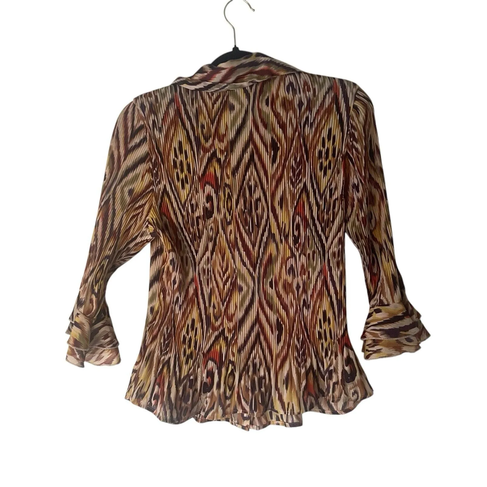 Essentials Milano‎ PM Ikat Retro Trippy Hippie Long Sleeve Flutter Button Blouse Brown Size M - Image 7