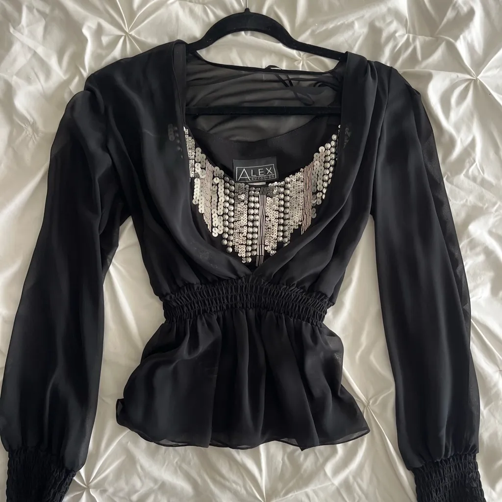 Alex Evenings Black Sheer Blouse with Silver Accents - Image 4