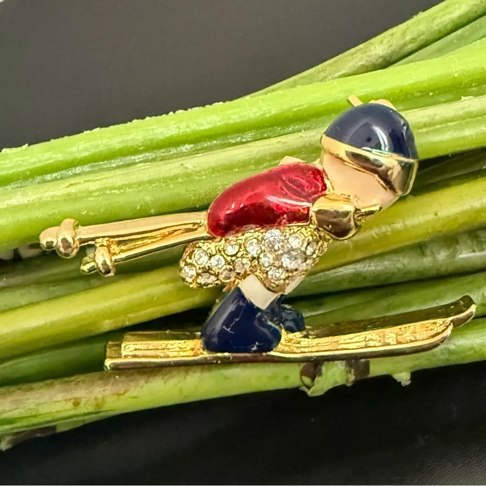 Vintage Regency Accessories Enameled Rhinestone Skier Gold Tone Brooch Pin 13g. - Image 2