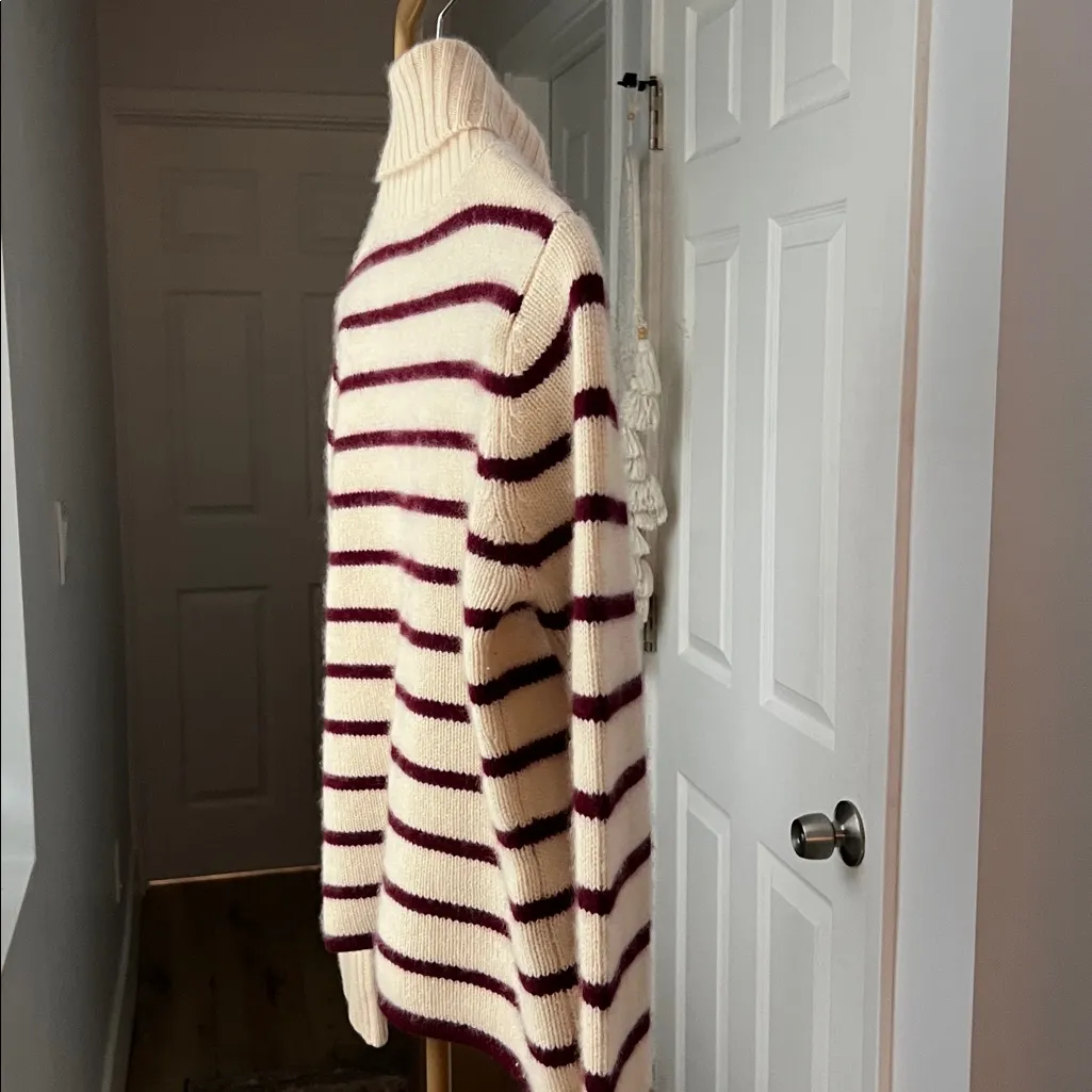 WHITE + WARREN 100% Cashmere Button Roll Neck Jumper Sweater Cream Red Stripe M Size M - Image 5