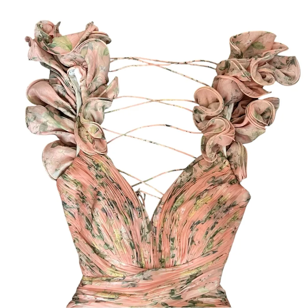 Mac Duggal Women’s Pink Combo Ruffle Cutout Floral Maxi Dress Ball Gown Size 14 - Image 4